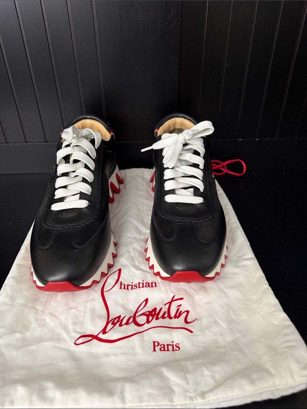 Christian Louboutin Black Sneakers with White Laces and Red Outsole